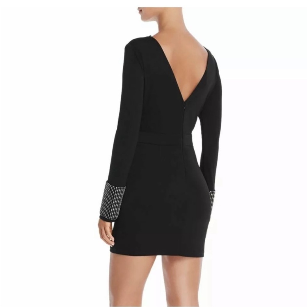 NWT Aqua Luxe v back black mini dress rhinestone embellished sleeve small s
